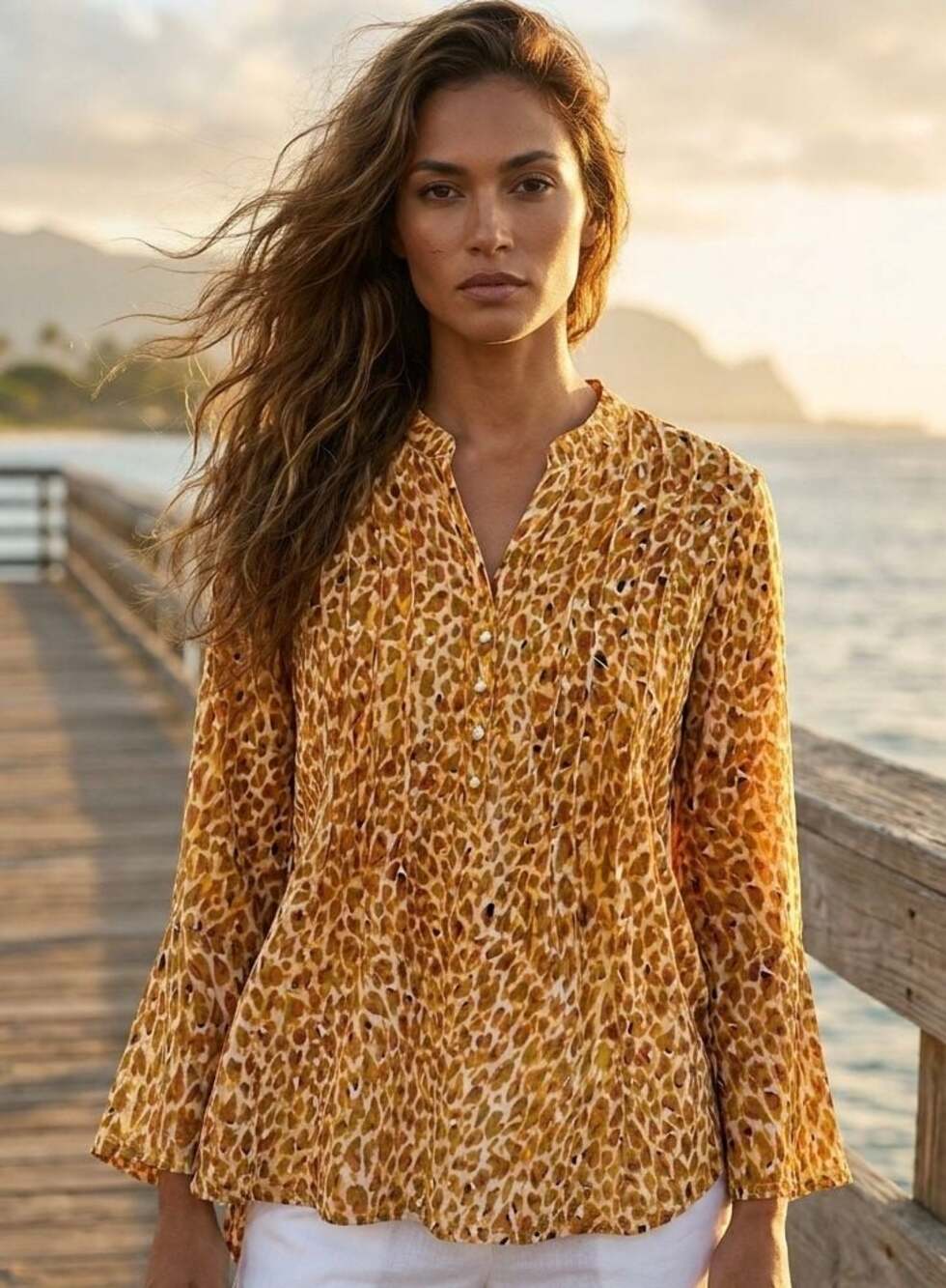 Notations Leopard Print Pintuck Pleated Blouse Size L - EK